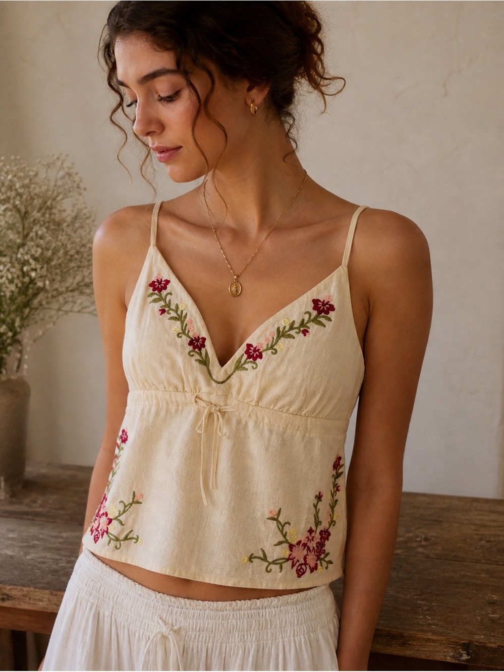 🌿 Cottagecore Embroidered Floral Cami | Tie Front Tank